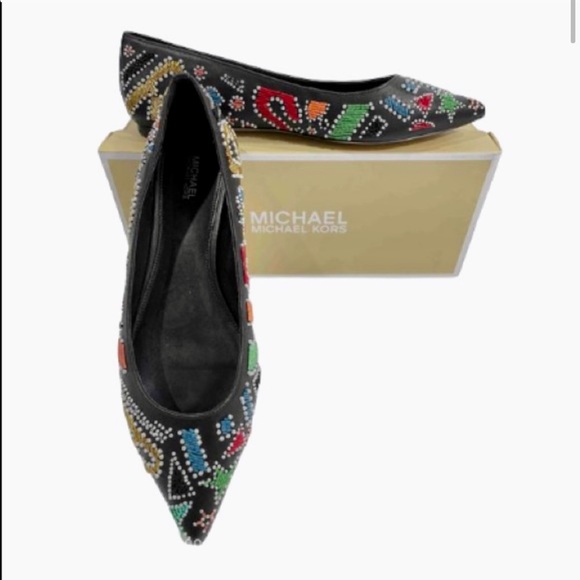 MK Mila Party Beaded Black Leather Pointed Toe Ballet Flats sz 6 - Picture 1 of 7